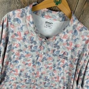 Ahead Performance Golf Polo Shirt Rivers Edge Palm Leaf Print Men XXL Blue Coral
